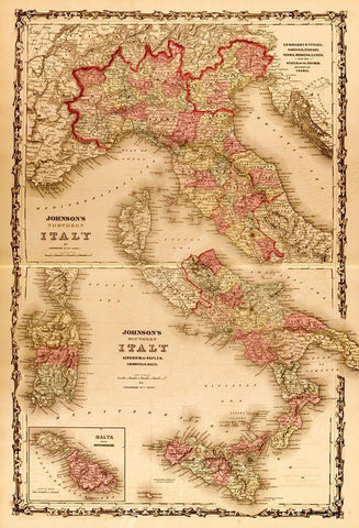 Italy 1862 White Modern Wood Framed Art Print with Double Matting by Vintage Maps