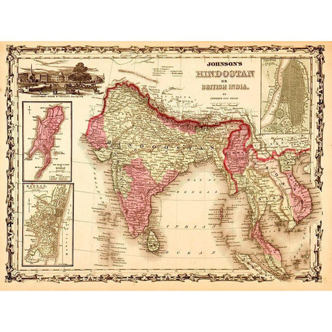 India Hindustan 1862 Black Modern Wood Framed Art Print with Double Matting by Vintage Maps