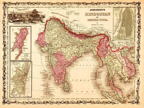 India Hindustan 1862 White Modern Wood Framed Art Print with Double Matting by Vintage Maps