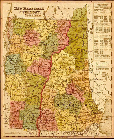 New Hampshire and Vermont 1844 Black Ornate Wood Framed Art Print with Double Matting by Vintage Maps