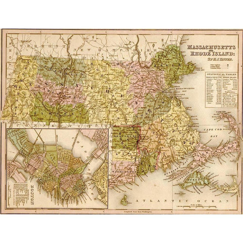 Massachusetts and Rhode Island 1844 White Modern Wood Framed Art Print by Vintage Maps