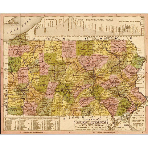 Pennsylvania 1844 Black Modern Wood Framed Art Print with Double Matting by Vintage Maps