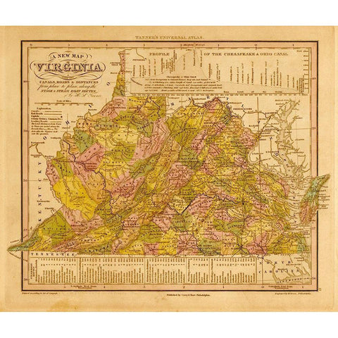 Virginia 1844 Black Modern Wood Framed Art Print with Double Matting by Vintage Maps