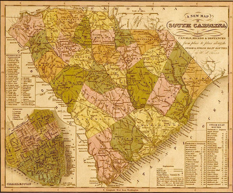 South Carolina 1844 Black Ornate Wood Framed Art Print with Double Matting by Vintage Maps