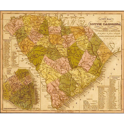 South Carolina 1844 Gold Ornate Wood Framed Art Print with Double Matting by Vintage Maps