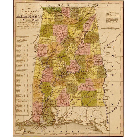 Alabama 1844 White Modern Wood Framed Art Print by Vintage Maps