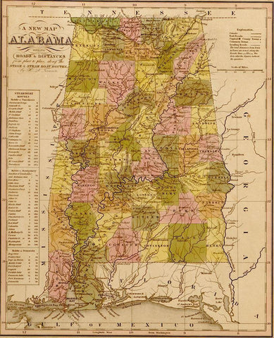 Alabama 1844 White Modern Wood Framed Art Print with Double Matting by Vintage Maps