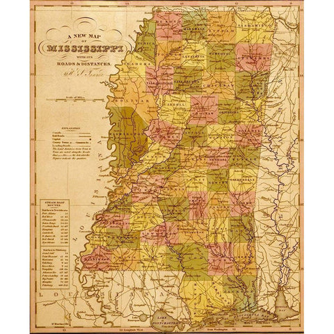 Mississippi 1844 Gold Ornate Wood Framed Art Print with Double Matting by Vintage Maps