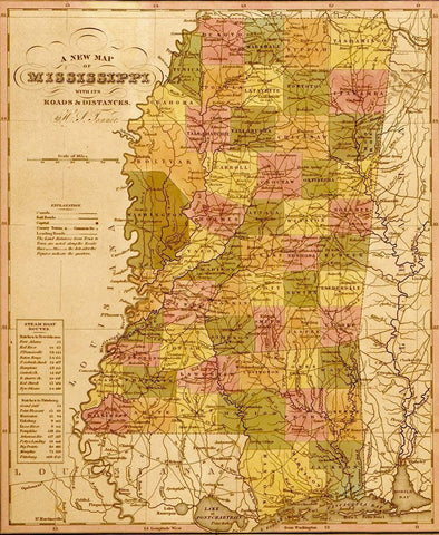 Mississippi 1844 Black Ornate Wood Framed Art Print with Double Matting by Vintage Maps