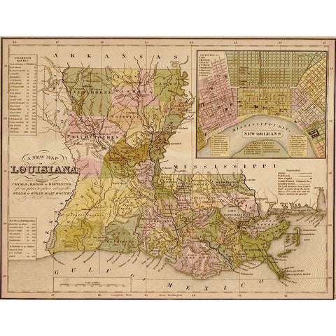 Louisiana 1844 Black Modern Wood Framed Art Print with Double Matting by Vintage Maps