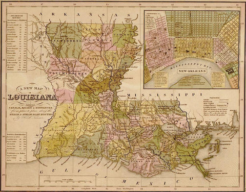 Louisiana 1844 White Modern Wood Framed Art Print with Double Matting by Vintage Maps