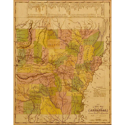 Arkansas 1844 Black Modern Wood Framed Art Print with Double Matting by Vintage Maps