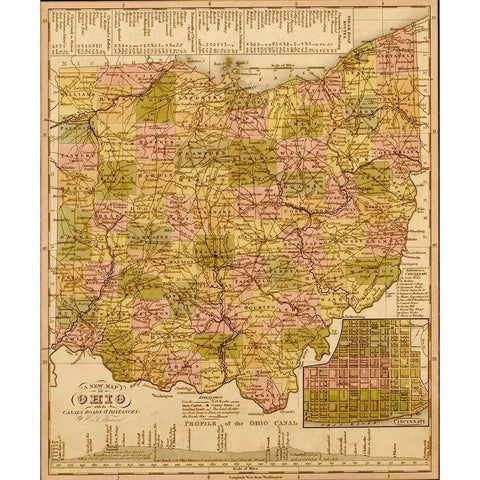 Ohio 1844 Black Modern Wood Framed Art Print with Double Matting by Vintage Maps