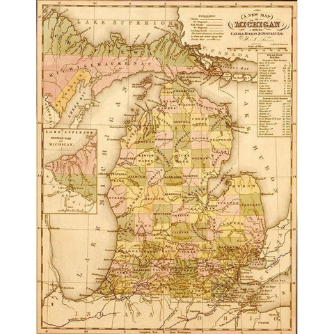 Michigan 1844 Gold Ornate Wood Framed Art Print with Double Matting by Vintage Maps