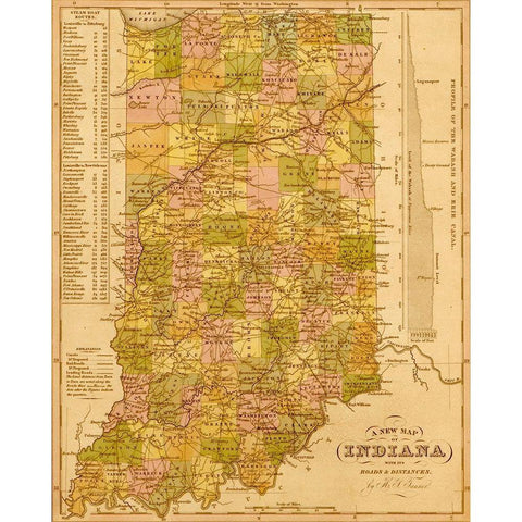 Indiana 1844 Black Modern Wood Framed Art Print with Double Matting by Vintage Maps