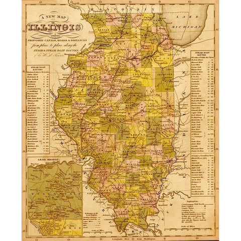 Illinois 1844 Black Modern Wood Framed Art Print with Double Matting by Vintage Maps