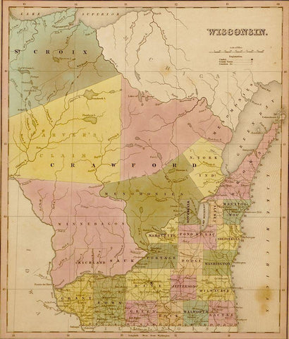 Wisconsin 1844 Black Ornate Wood Framed Art Print with Double Matting by Vintage Maps