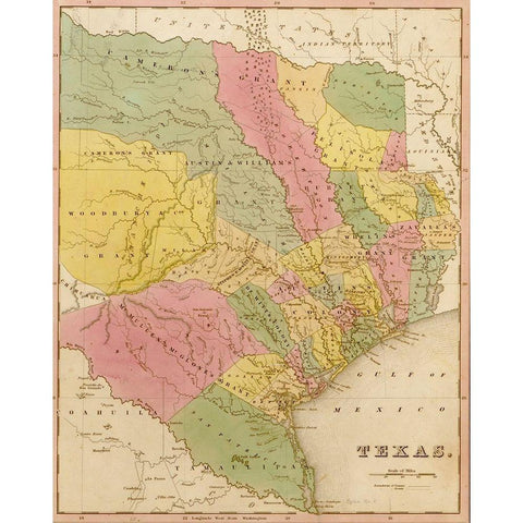 Texas 1844 Black Modern Wood Framed Art Print with Double Matting by Vintage Maps