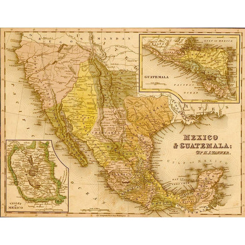 Mexico and Guatamala 1844 Gold Ornate Wood Framed Art Print with Double Matting by Vintage Maps