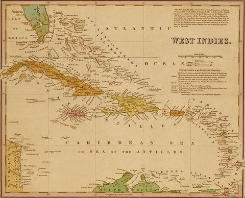 West Indies 1844 Black Ornate Wood Framed Art Print with Double Matting by Vintage Maps