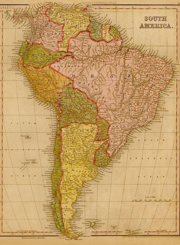 South America 1844 Black Ornate Wood Framed Art Print with Double Matting by Vintage Maps