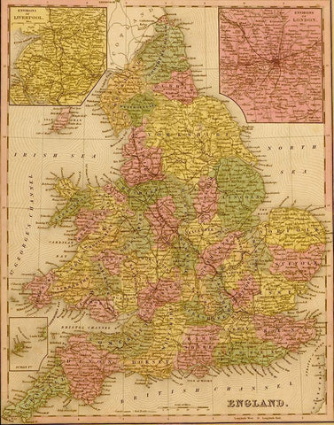 England 1844 White Modern Wood Framed Art Print with Double Matting by Vintage Maps