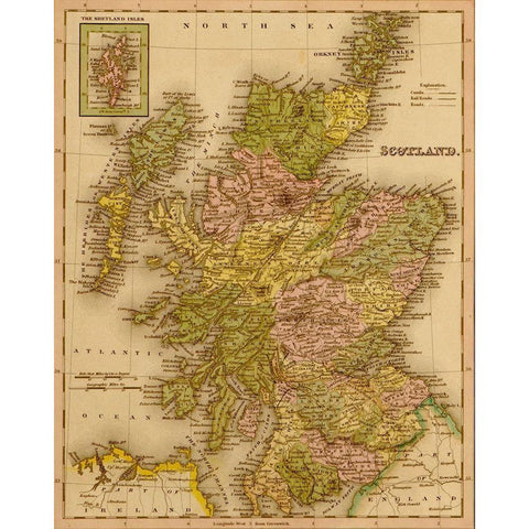 Scotland 1844 Black Modern Wood Framed Art Print with Double Matting by Vintage Maps