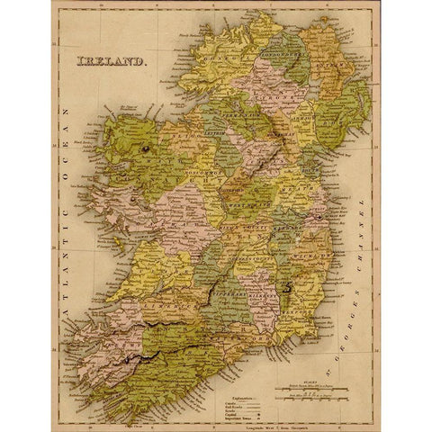 Ireland 1844 Black Modern Wood Framed Art Print with Double Matting by Vintage Maps