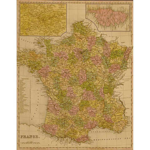 France 1844 Gold Ornate Wood Framed Art Print with Double Matting by Vintage Maps