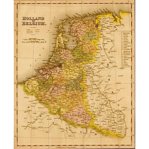 Holland and Belgium 1844 Black Modern Wood Framed Art Print with Double Matting by Vintage Maps