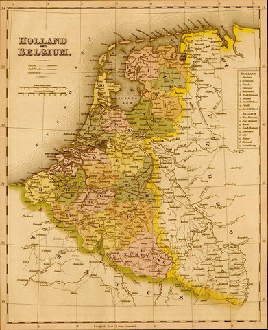 Holland and Belgium 1844 White Modern Wood Framed Art Print with Double Matting by Vintage Maps