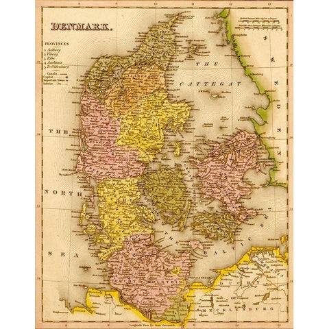 Denmark 1844 White Modern Wood Framed Art Print by Vintage Maps