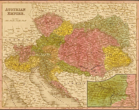 Austrian Empire 1844 Black Ornate Wood Framed Art Print with Double Matting by Vintage Maps