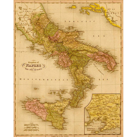 Kingdom of Naples 1844 Gold Ornate Wood Framed Art Print with Double Matting by Vintage Maps