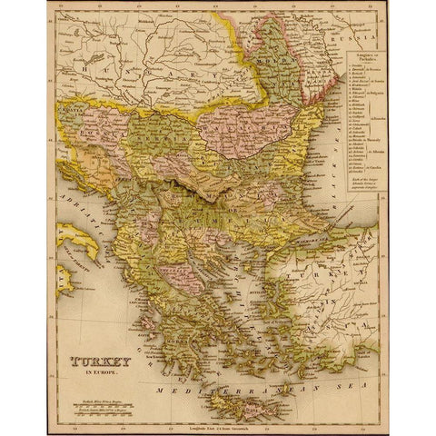 Turkey Greece 1844 Gold Ornate Wood Framed Art Print with Double Matting by Vintage Maps