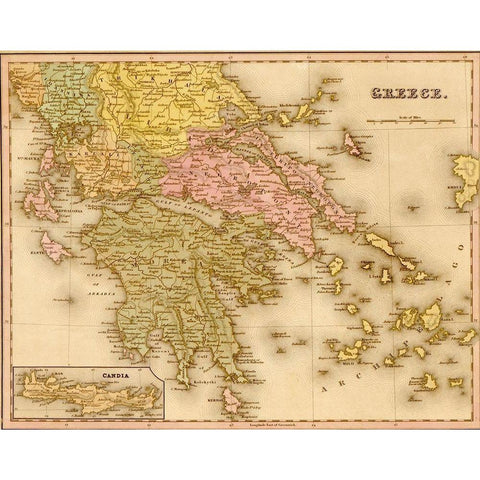 Greece 1844 Black Modern Wood Framed Art Print with Double Matting by Vintage Maps