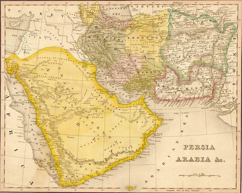 Persia and Arabia 1844 Black Ornate Wood Framed Art Print with Double Matting by Vintage Maps