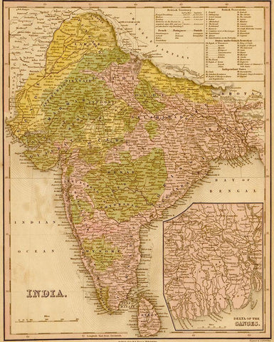 India 1844 Black Ornate Wood Framed Art Print with Double Matting by Vintage Maps