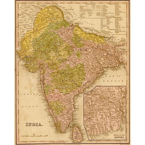 India 1844 Gold Ornate Wood Framed Art Print with Double Matting by Vintage Maps