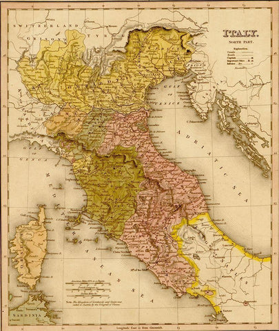 Italy 1844 Black Ornate Wood Framed Art Print with Double Matting by Vintage Maps