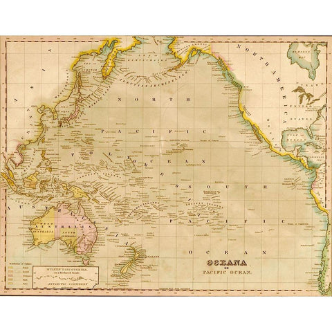 Oceania 1844 Black Modern Wood Framed Art Print with Double Matting by Vintage Maps