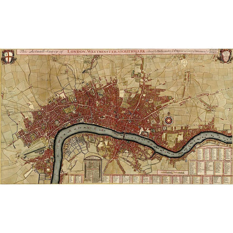 Survey of London Westminster and Southwark 1700 Black Modern Wood Framed Art Print with Double Matting by Vintage Maps