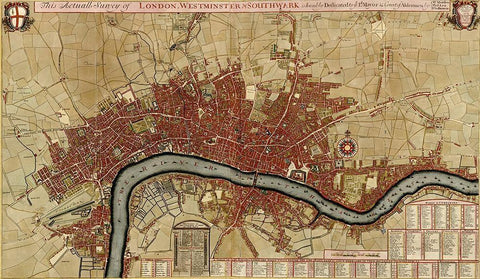 Survey of London Westminster and Southwark 1700 Black Ornate Wood Framed Art Print with Double Matting by Vintage Maps