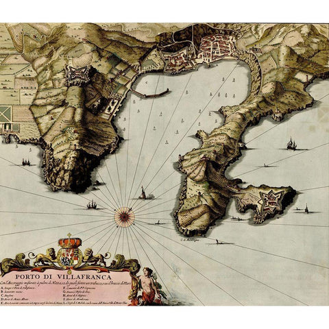 Villa Franca on the Mediterranean 1700 Black Modern Wood Framed Art Print with Double Matting by Vintage Maps