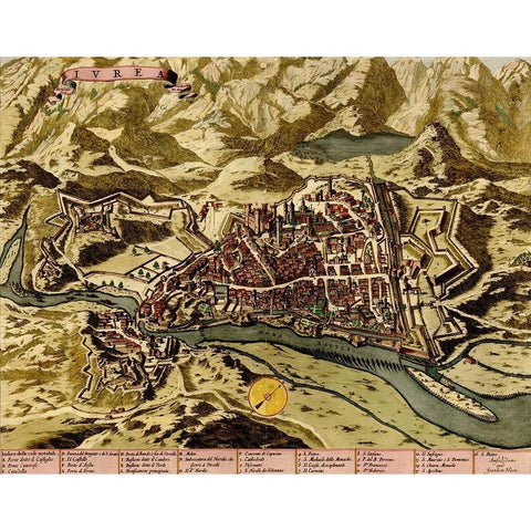 Ivrea Near Turin 1700 Gold Ornate Wood Framed Art Print with Double Matting by Vintage Maps