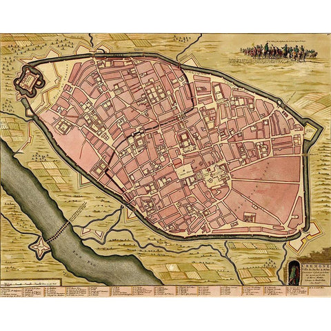 Battlements at Milan 1700 Gold Ornate Wood Framed Art Print with Double Matting by Vintage Maps