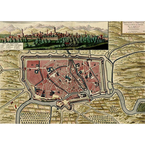 Trevise in the Italian Po Valley 1700 Black Modern Wood Framed Art Print with Double Matting by Vintage Maps