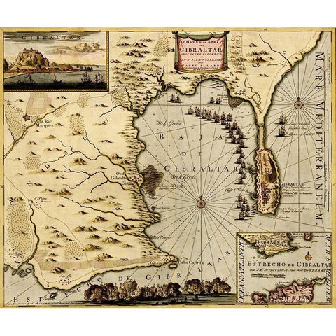 Straits and Defenses at Gibraltar 1700 Gold Ornate Wood Framed Art Print with Double Matting by Vintage Maps