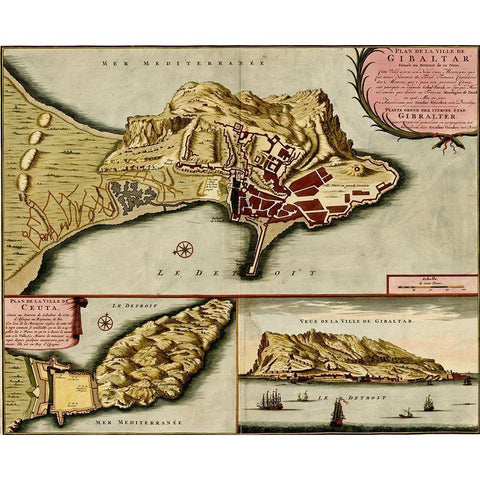 Gibraltar 1700 Gold Ornate Wood Framed Art Print with Double Matting by Vintage Maps