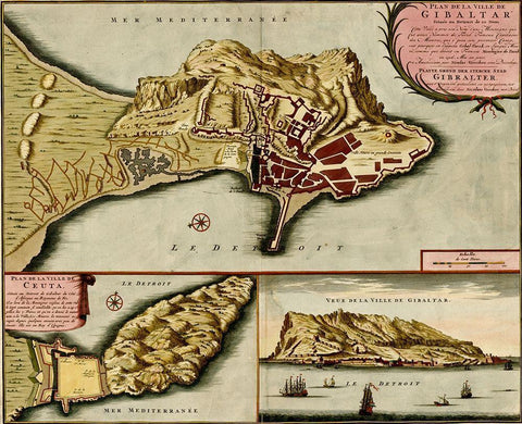 Gibraltar 1700 White Modern Wood Framed Art Print with Double Matting by Vintage Maps